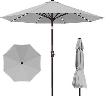 9FT Outdoor Patio Umbrella with Solar Lights, Market Table Umbrella with Push Button Tilt & Crank, 8 Sturdy Ribs