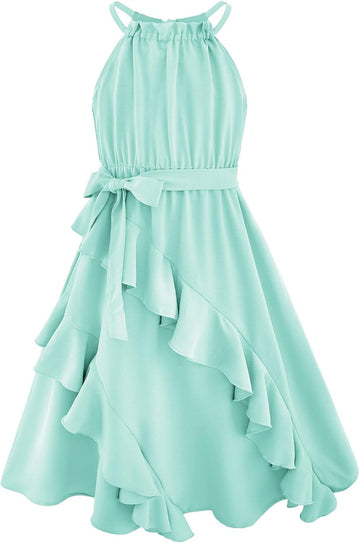 Dresses Tween Halter Tie Back Tiered Ruffle A-Line Flowy Dress Summer Sleeveless Sundress