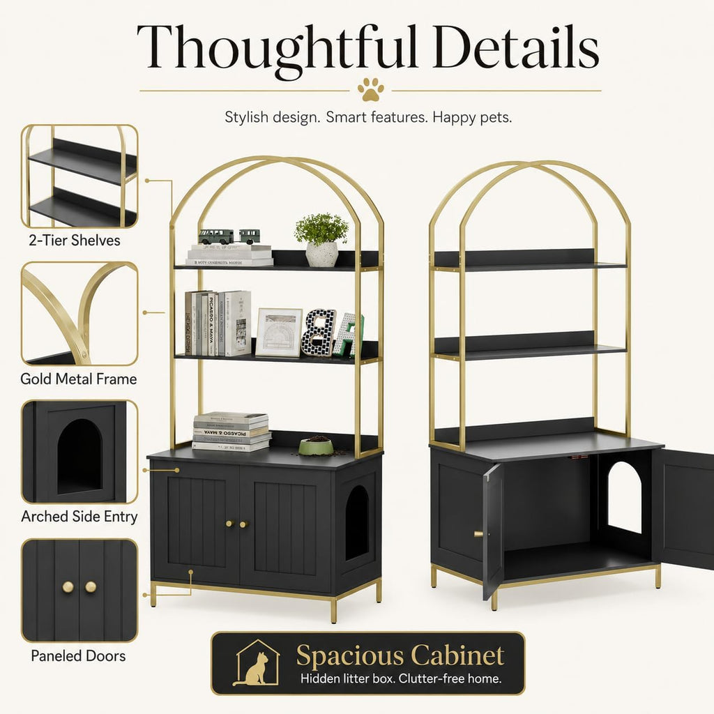 Cat Litter Box Enclosure with 2-Tier Shelves, Black and Gold