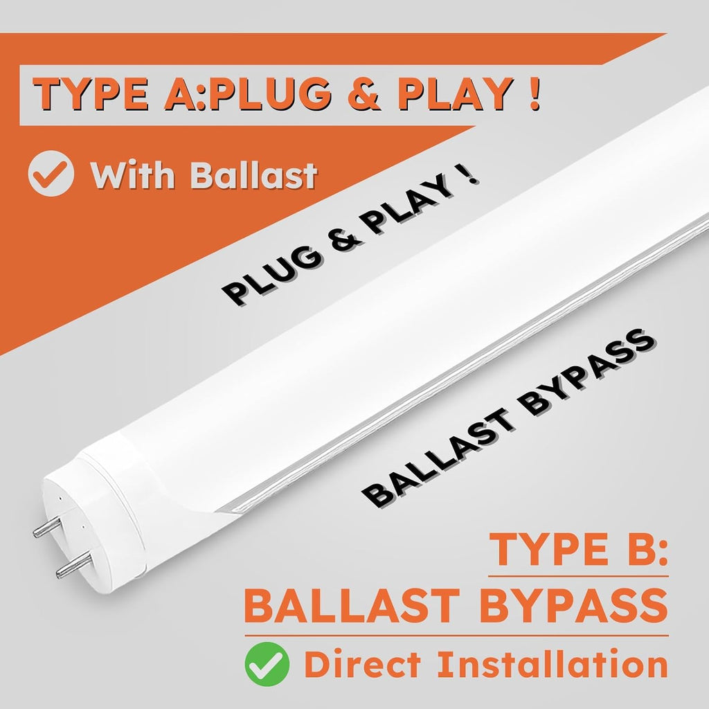 T8 LED Tube Lights 4ft, 48 Inch Fluorescent Replacement Bulbs, 6500K Daylight White Light, Hybrid Type A+B