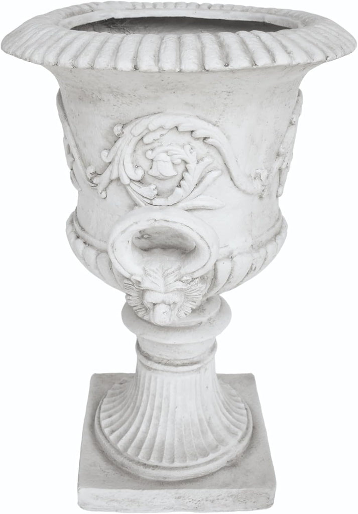Adonis Traditional Roman Chalice Garden Urn Planter with Lion and Floral Accents, Antique White