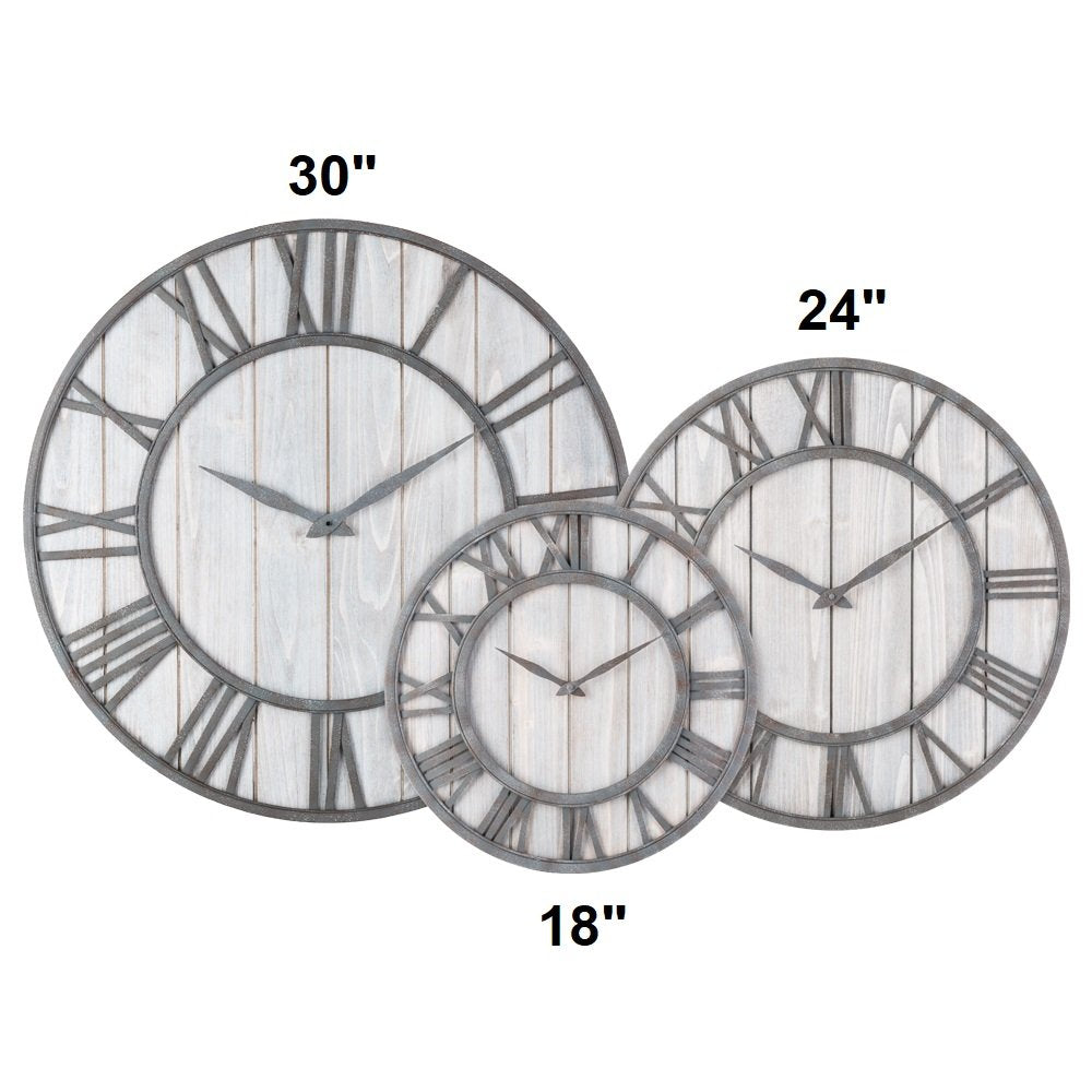 Farmhouse Metal & Solid Wood Noiseless Wall Clock (Whitewash, 18-inch)