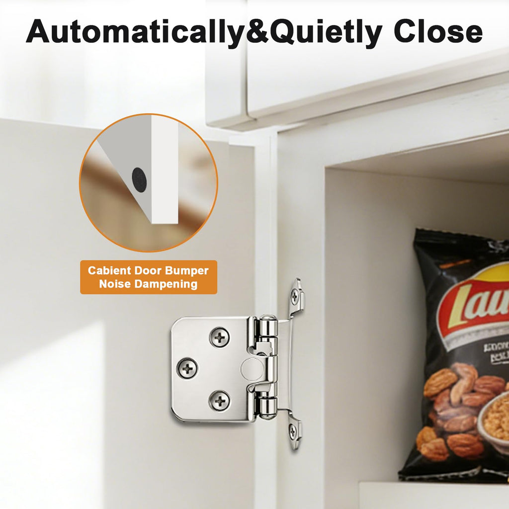 50 Pack (25 Pairs) Brushed Nickel Cabinet Hinges, 1/2" Overlay (Variable) Hinges Cabinets, Decorative Self Closing