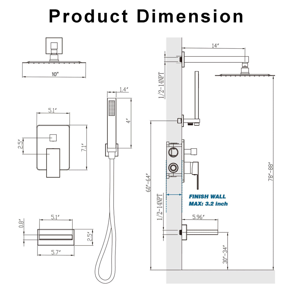 Black Tub Shower System with 10" Rain Head, Handheld & Valve Kit