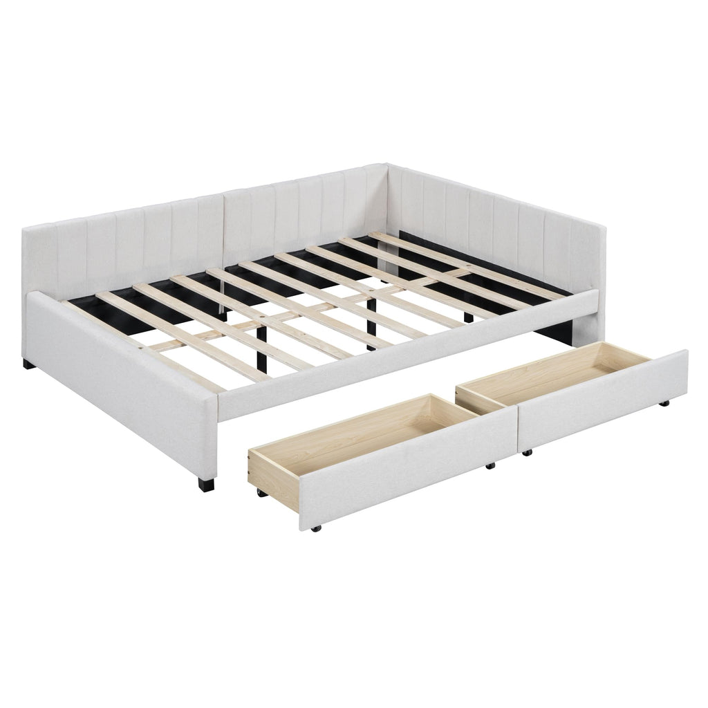 Upholstered Daybed with 2 Storage Drawers, Full Size Sofa Bed Frame, No Box Spring Needed, Linen Fabric, Beige