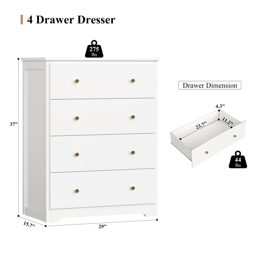 White with 4 Drawers, 29" W Chest of Drawers, Wood | Modern 4 Drawers, Space-Saving Vertical Storage with Large