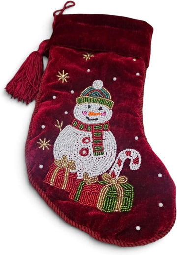 Handmade 12 Inch Red Velvet Christmas Stocking with Beaded Snowman, Holiday Stocking with Tassel, Embroidered