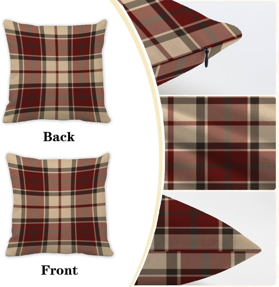 Burgundy Beige Tartan Plaid Winter Throw Pillow Covers 18X18 Cute Pillow Cases Pillowcase Couch Cushions - Set of 2