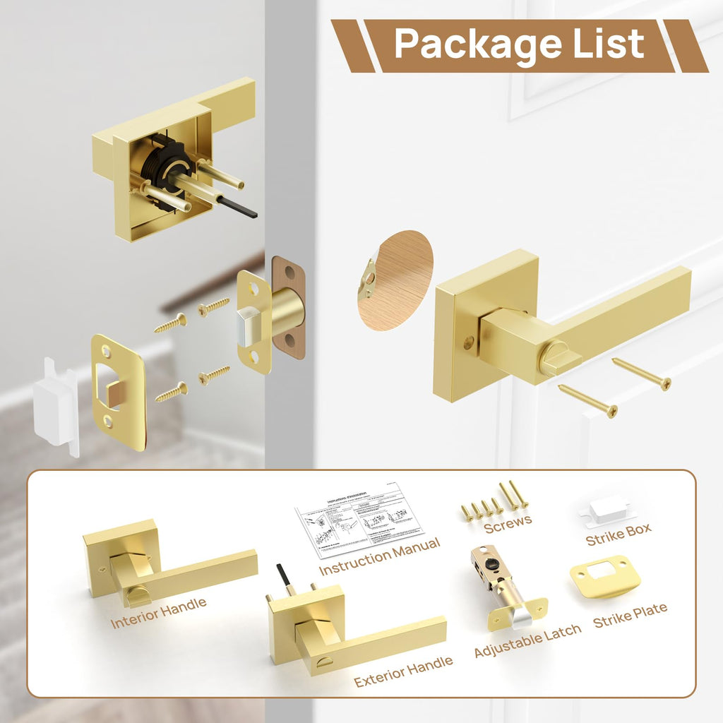 2 Pack Gold Privacy Door Knobs, Modern Keyless Door Handles Interior, Door Locks s, Bathroom, Heavy Duty Zinc Alloy