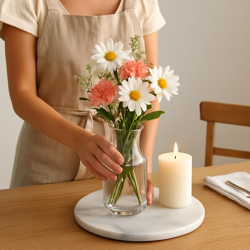 8 Inch Natural Marble Round Trivet | Hand-Polished Stone Cheese Board, Durable Heat-Resistant Coffee or Tea Pot Stand