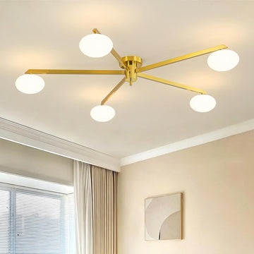 Semi Flush Mount Ceiling Light, Gold Sputnik Ceiling Light Fixture with 5-Oval Milk Glass Lampshades, Mid Century