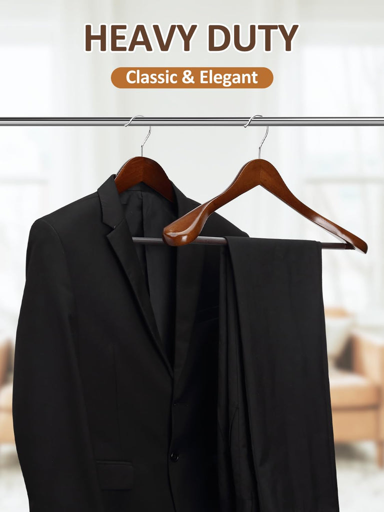 Wide Shoulder Wooden Hangers 8 Pack Coat Hanger with Non Slip Pants Bar, Heavy Duty Suit Hanger Wood Clothes Hangers