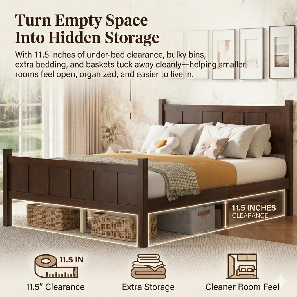 Platform Bed Frame with Headboard & Footboard, Modern Farmhouse Wood Grain Flat Panel Bed for Adults