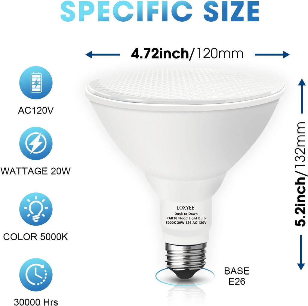 2 Pack LED PAR38 Dusk to Dawn Flood Light Bulbs Outdoor,20W(200W Equivalent) E26 Base Flood Light Bulbs,5000K