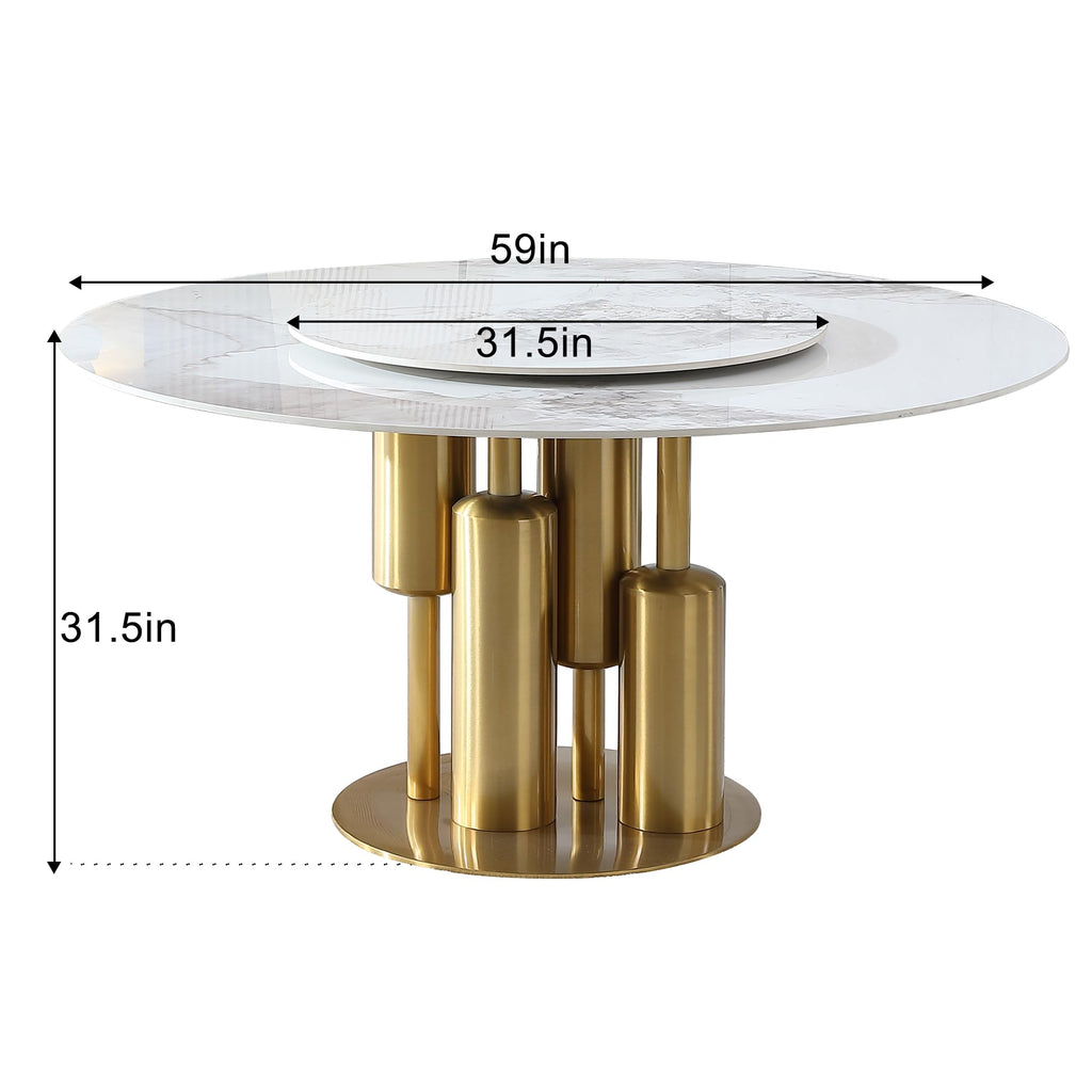Marble Dining Table, 59" D Round Sintered Stone Tabletop with 31.5" D Removable Turntable, Luxurious Dining Room