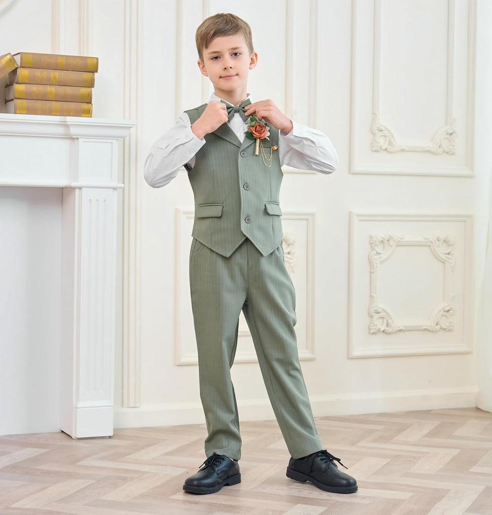 Boys Dress Clothes Piece Formal Suit Set, Vest, Pants, Dress Shirt, Bowtie and Boutonniere Kids Wedding Outfit