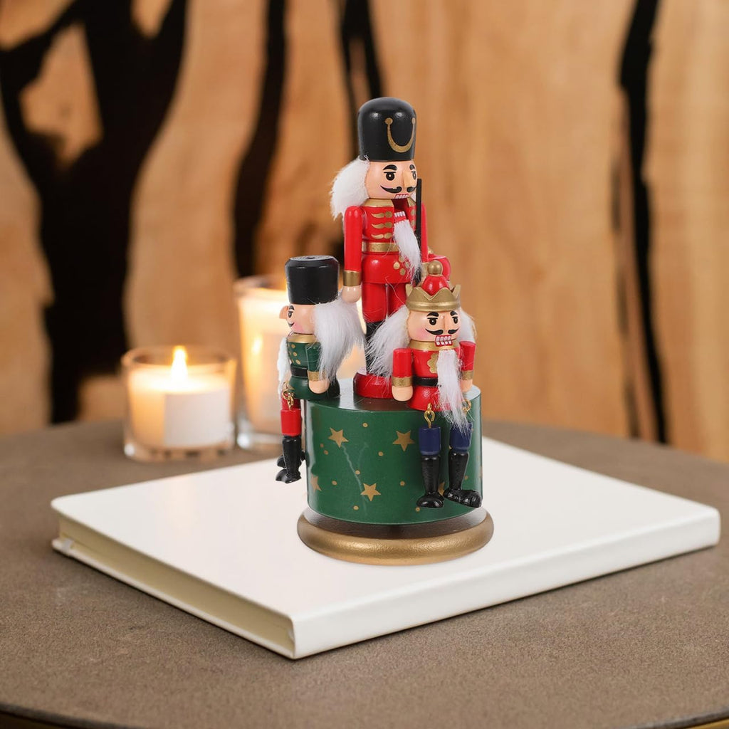 Wooden Nutcracker Music Box Clockwork Wind Up Musical Carousel Nutcracker Puppets Music Toy Nutcracker Soldier