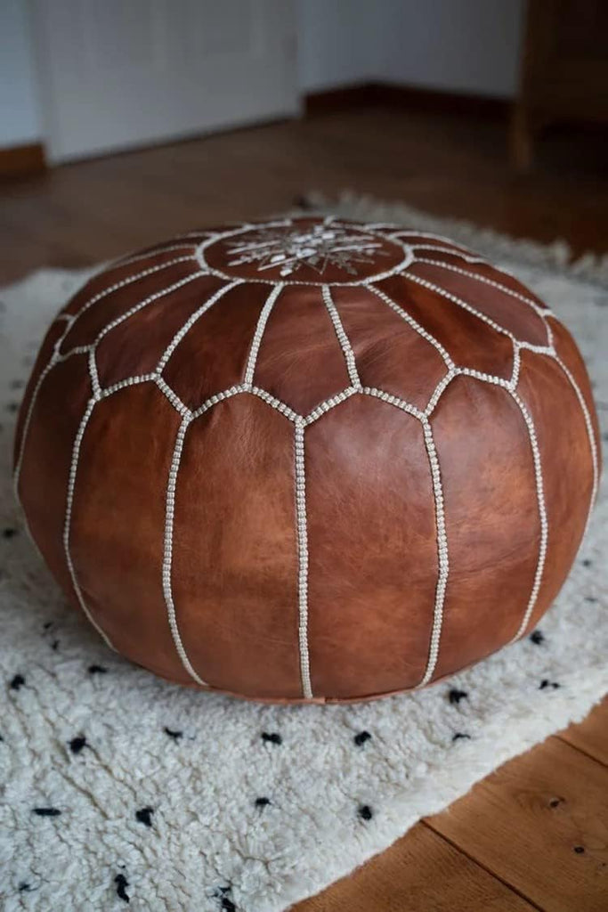 Premium Pouf - - Delivered Stuffed - Ottoman, Footstool, Floor Cushion (Cognac Brown)