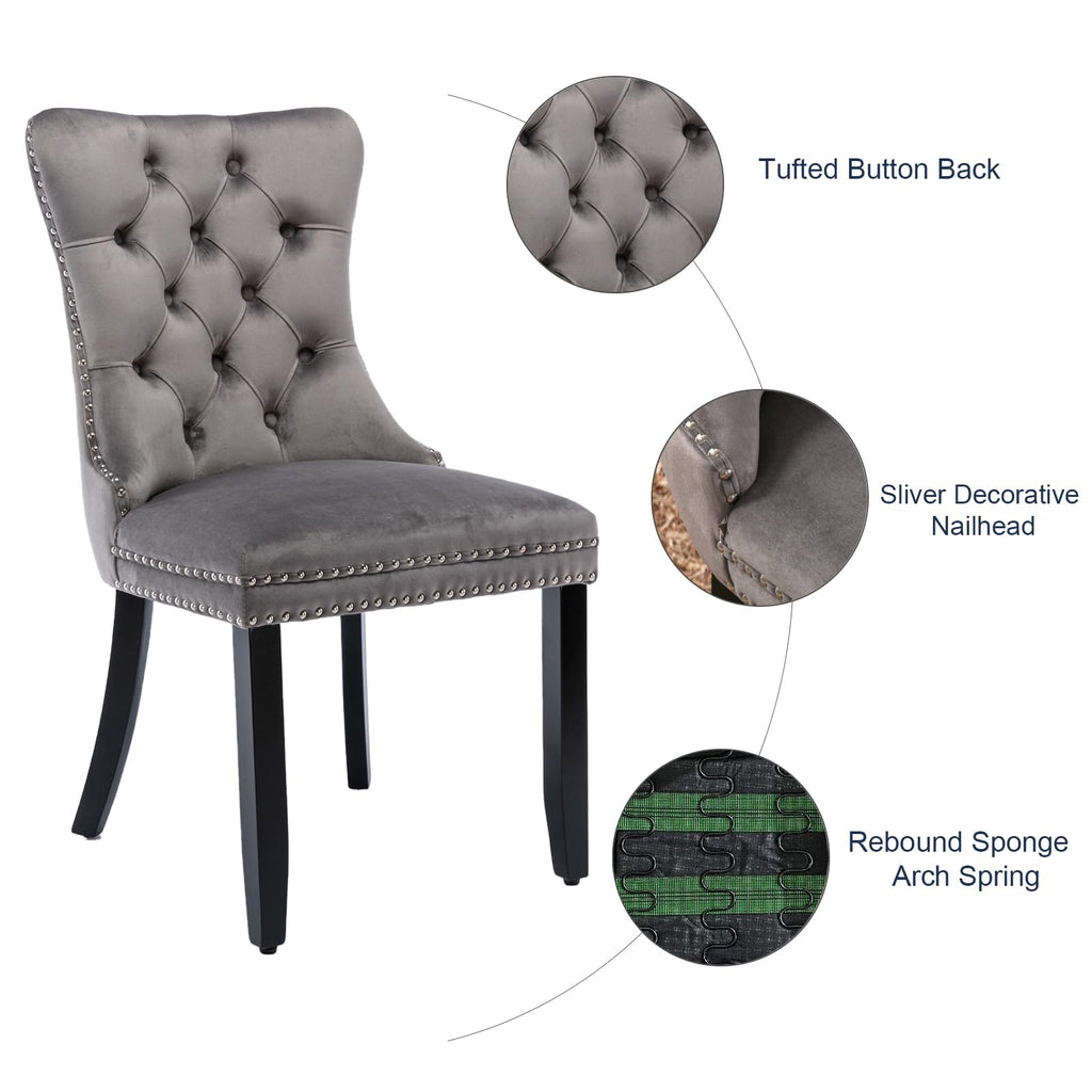 Grey Velvet Dining Chairs Set of 6, Tufted Back with Ring Pull