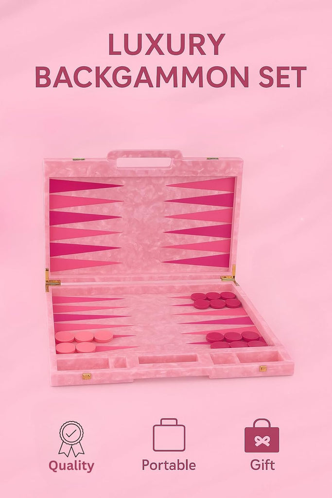 Luxury Backgammon Set, Board Game with Dust Bag, Marbled Pink with Gold Hardware, Acrylic Material, 14", Complete - Set of 30