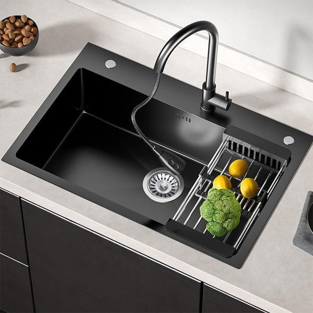 Black Drop Sink, Stainless Steel Single Bowl Sink with 3 Holes, Topmount Workstation Sink, Farmhouse Rectangle Basin