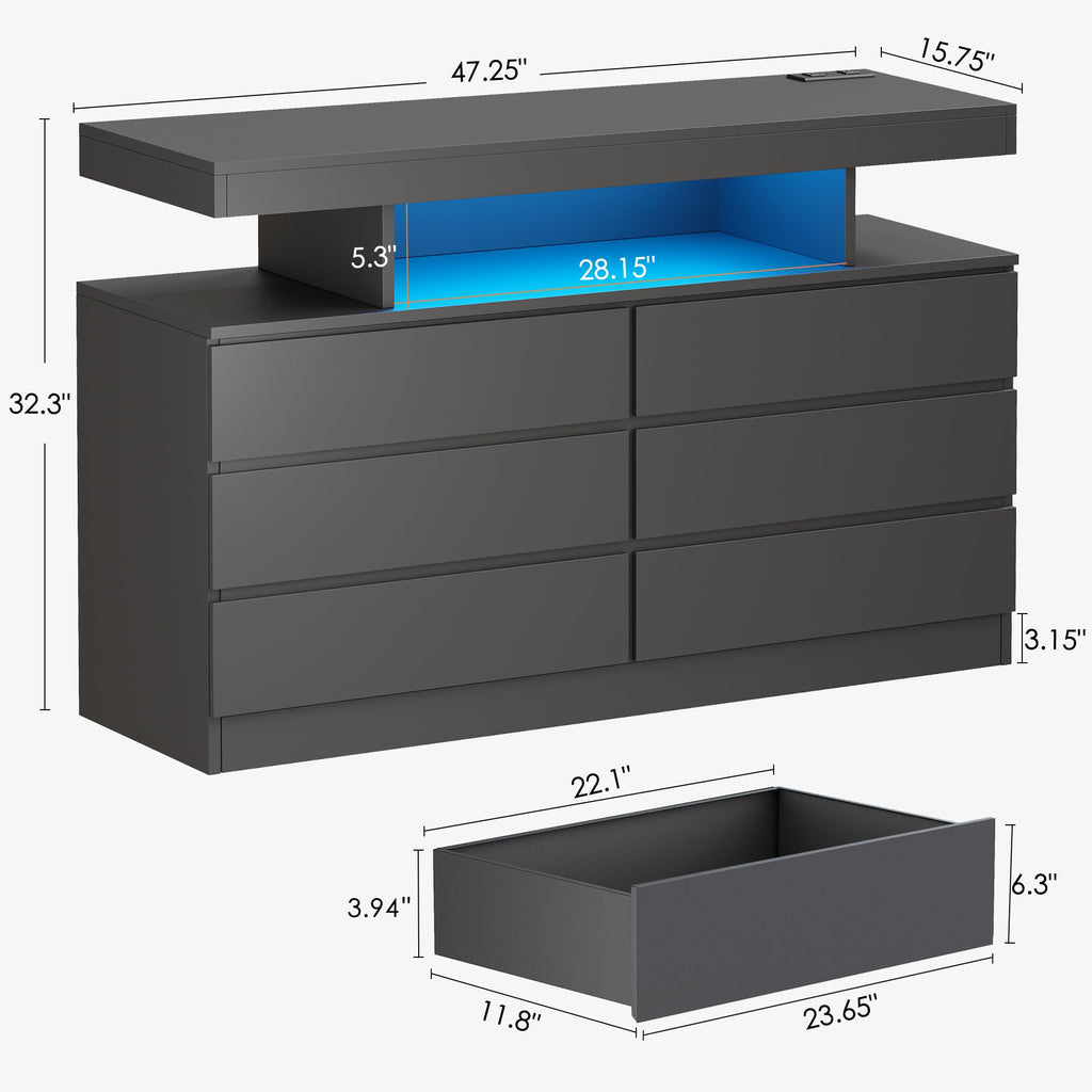 Black Dresser with Charging Station and LED Lights