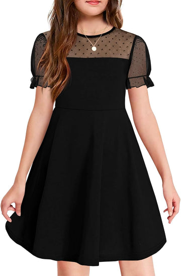 Girls Contrast Mesh Puff Sleeve Dress Kids Casual Party Dress