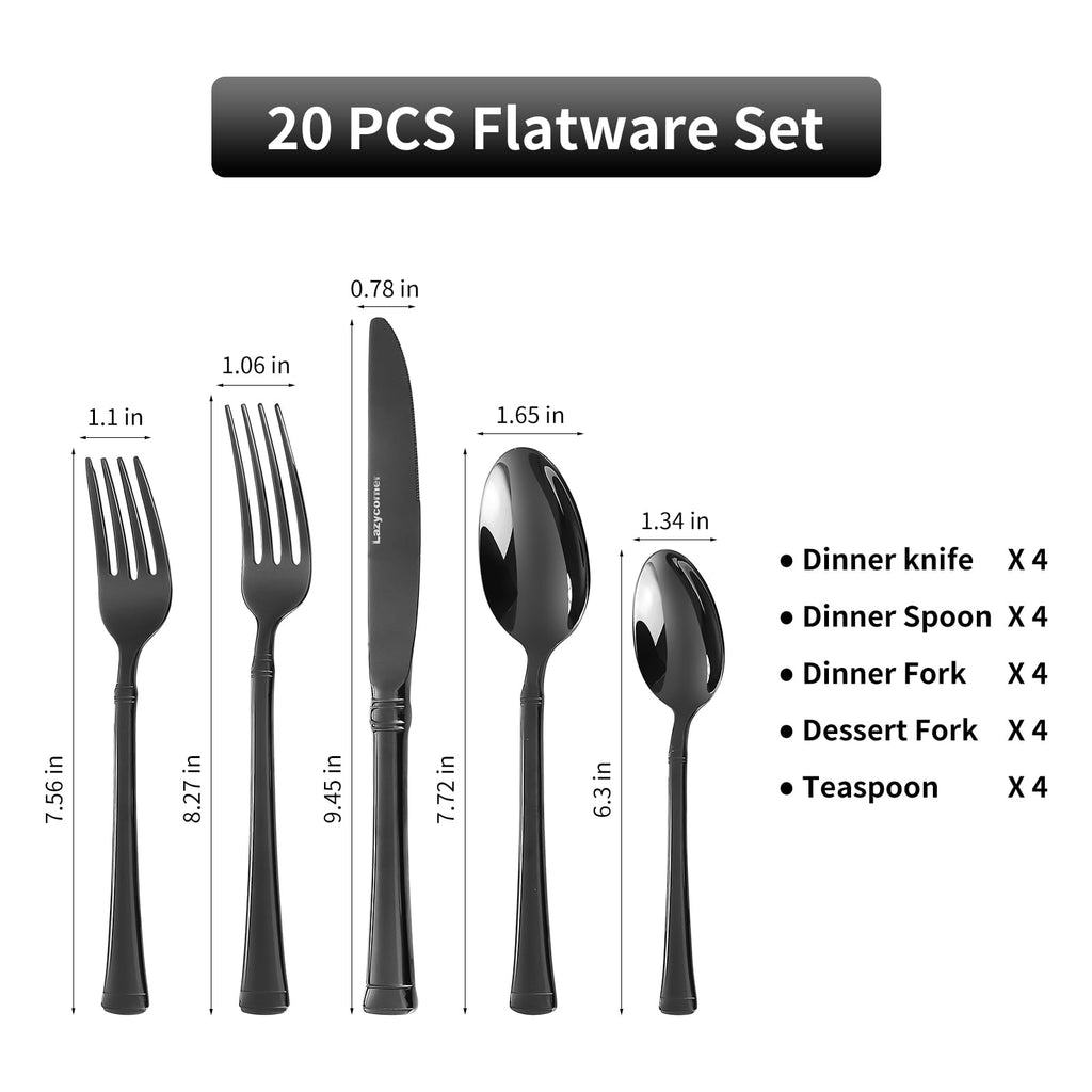 Black Silverware Set,Service for 4,18/10 stainless steel Flatware Set,Mirror Polished Cutlery Set,Dishwasher