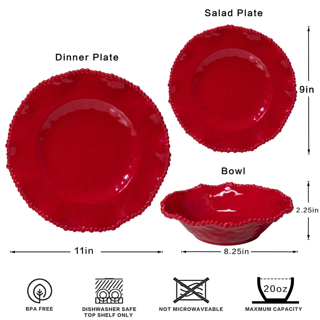 Christmas Red 18 Piece Beaded Melamine Dinnerware Sets, Service for 6, Lightweight Unbreakable, BPA Free With