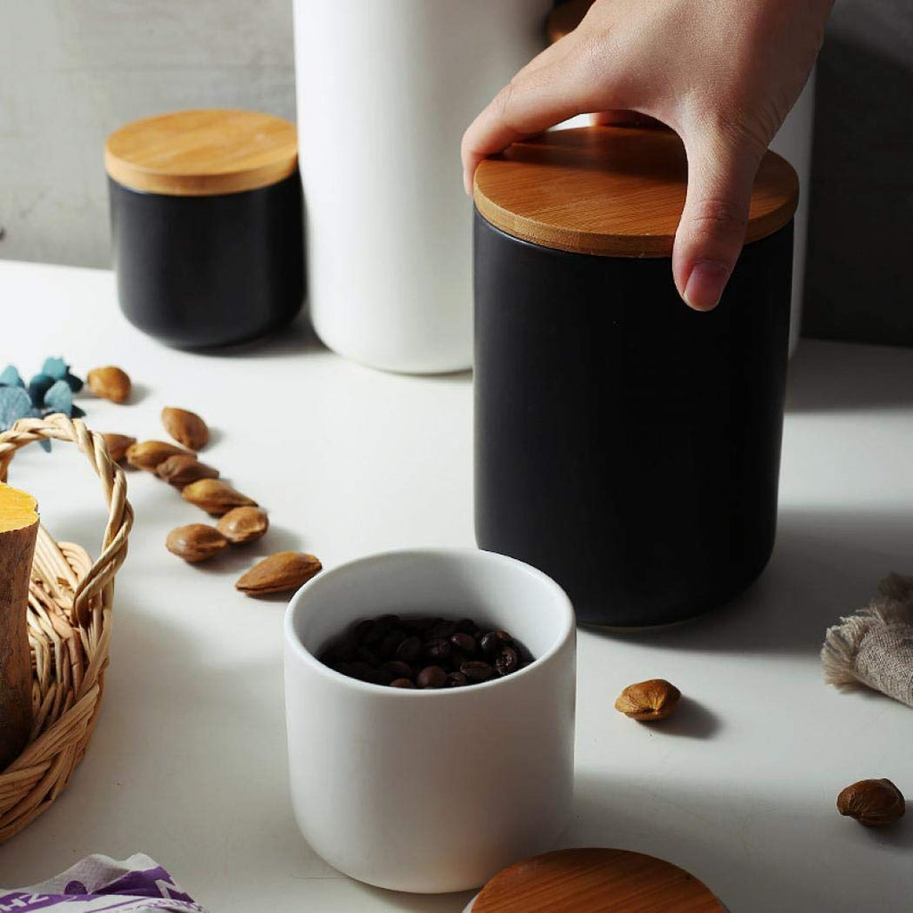 Food Storage Containers Ceramic Kitchen Canister Tea Caddy Favor Jars with Sealed Bamboo Lids Airtight Rubber Gasket