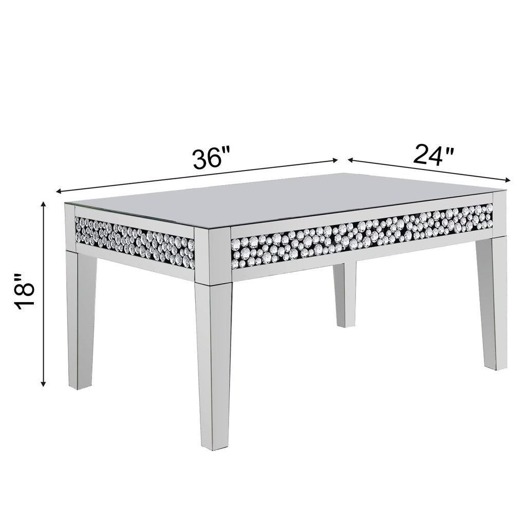 Rectangle Mirrored Coffee Table, Silver Living Room Table with Cryatal Diamond Inlay, Modern Luxury Mirrored