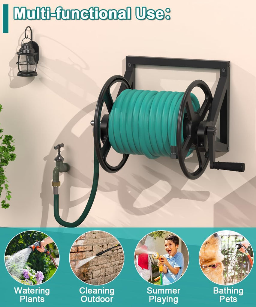Garden Hose Reel Wall Mounted, Outdoor Heavy Duty Powder Coated Metal Water Hoses Holder Winder Holds 125 ft 5/8"