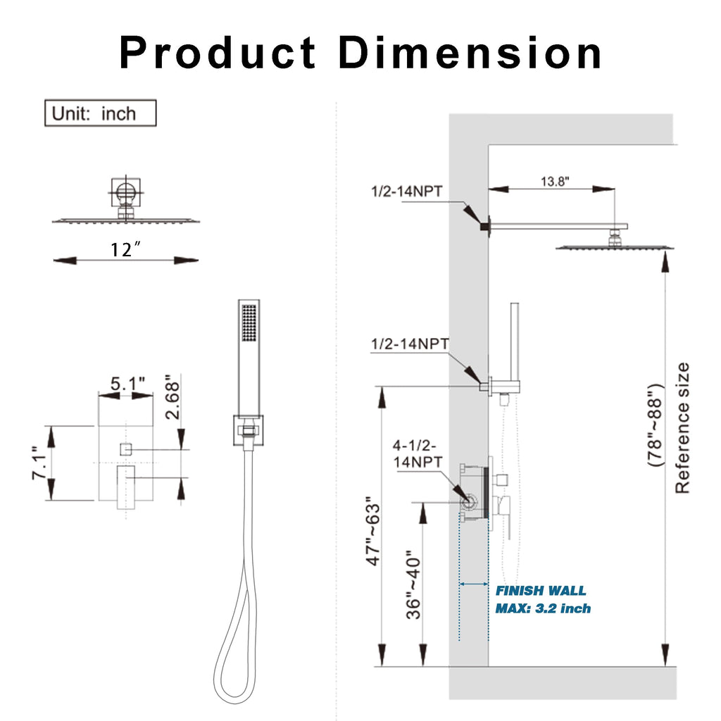 12" Rain Shower System with Handheld & Valve, Brushed Gold