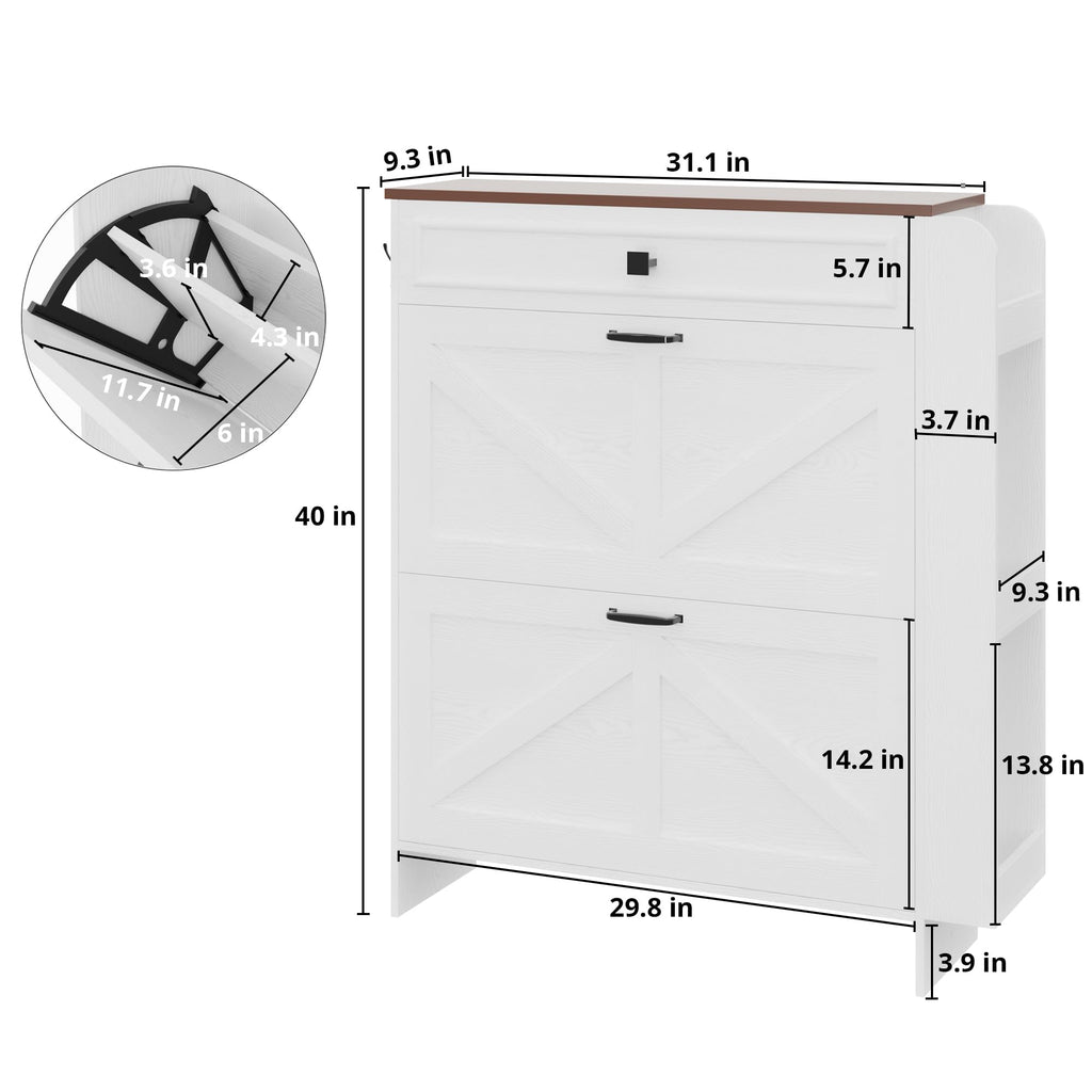 Shoe Storage Cabinet with 2 Flip Drawers & Barn Door, White/Walnut