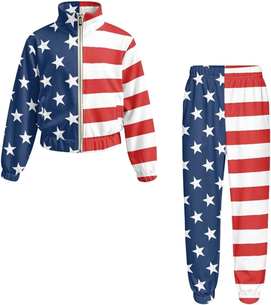 Girls 2 Piece Crop Tracksuit Set Zip Up Jacket & Pants Sweatsuit