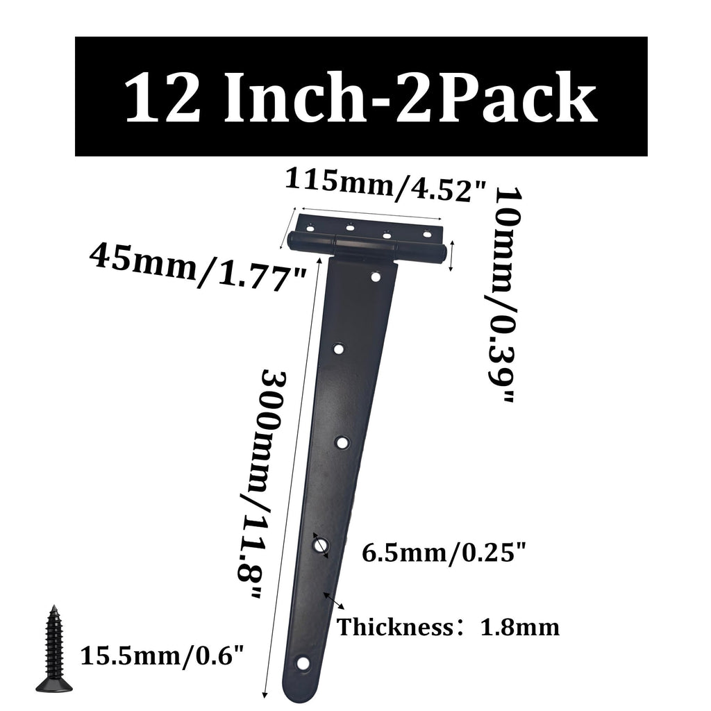 2PCS 12" Heavy Duty T-Strap Hinges, Black Rustic Iron Hinge, Rustproof Gate Tee Hinges for Outdoor Sheds, Barn Doors