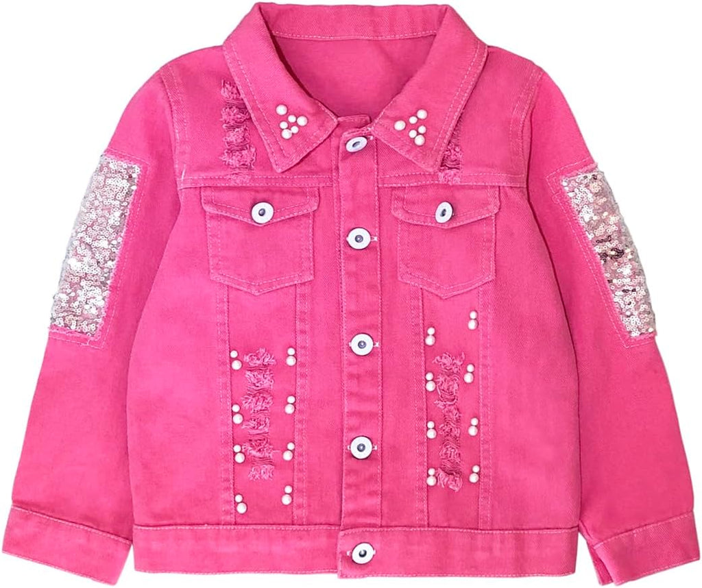 Little Big Girl Pink Denim Jacket Butterfly Sequins Outwear