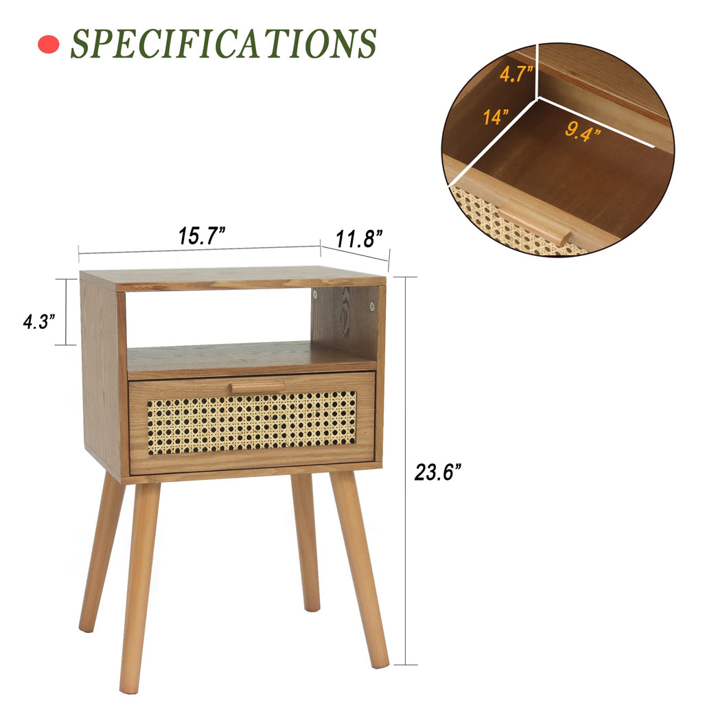 Mid Century Modern Nightstand with Drawer, Small Nightstand Bedside Table, Rattan Nightstand, Wood End Table (Brown)