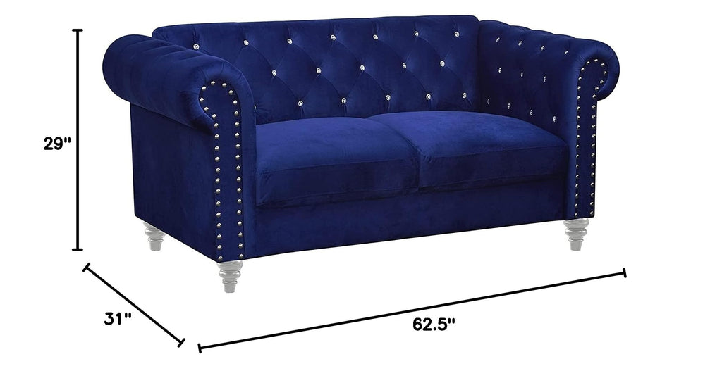 Glam Emma Two Seater Chesterfield Style Loveseat for Small Spaces with Crystal Button Tufts, Royal Blue
