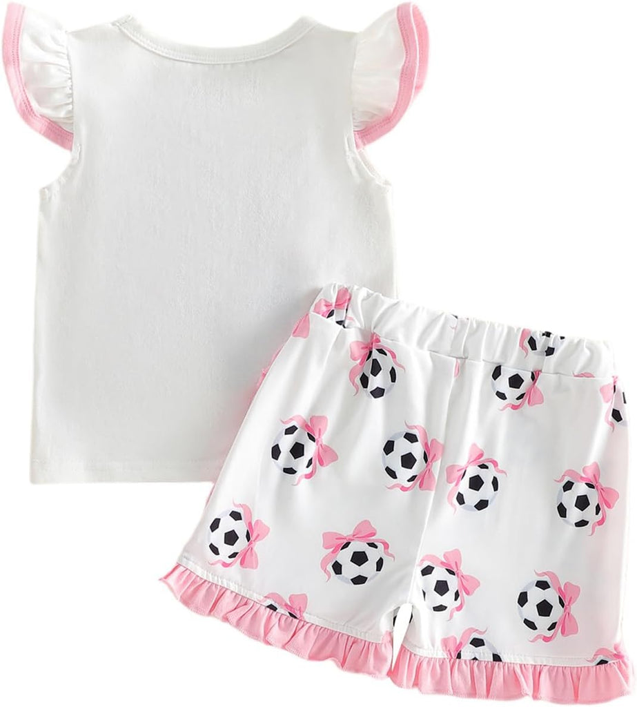 Toddler Baby Girl Soccer Summer Outfits Short Sleeve O Neck Soccer Bow Embroidered Tops Ruffle Trim Shorts Sets