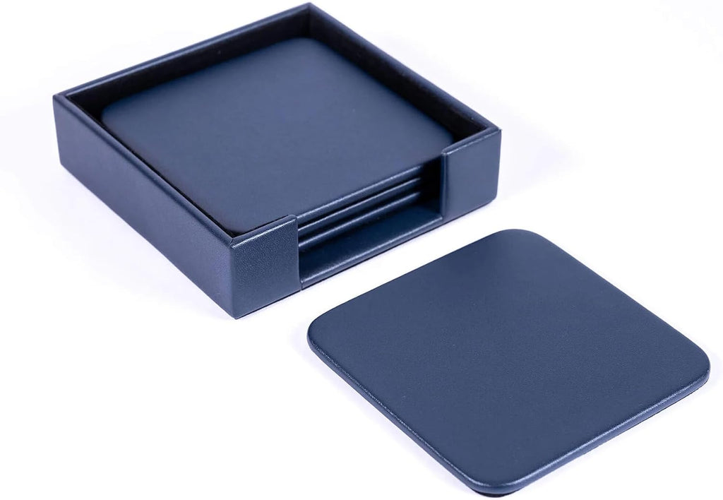 Navy Blue Leatherette Square Coaster Set - Luxury Navy Blue Leatherette Square Coaster - Office Accessories &