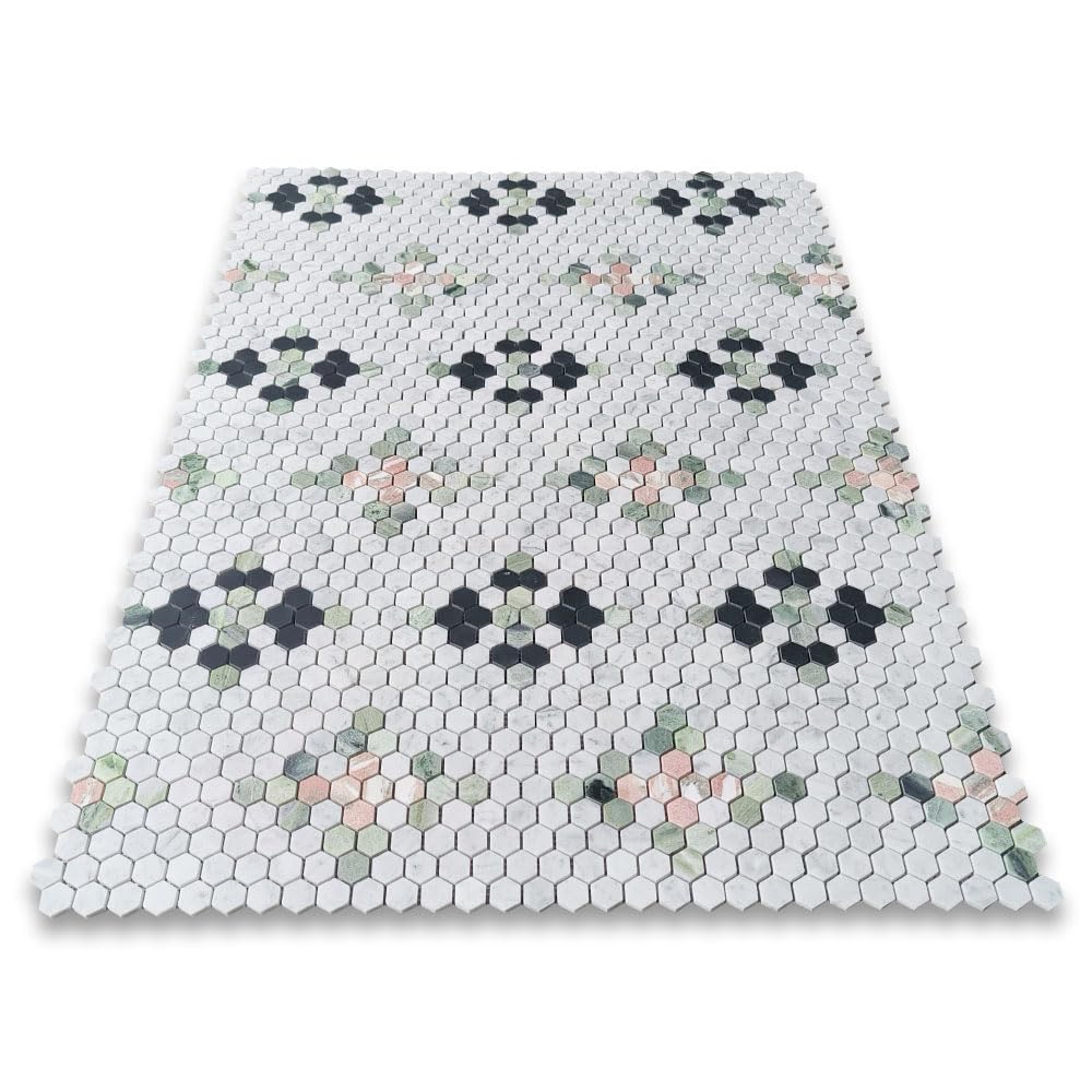 Carrara White Marble 1 inch Hexagon Starlight Mosaic Tile w/Norwegian Rose Pink Honed Kitchen Bath Wall Floor