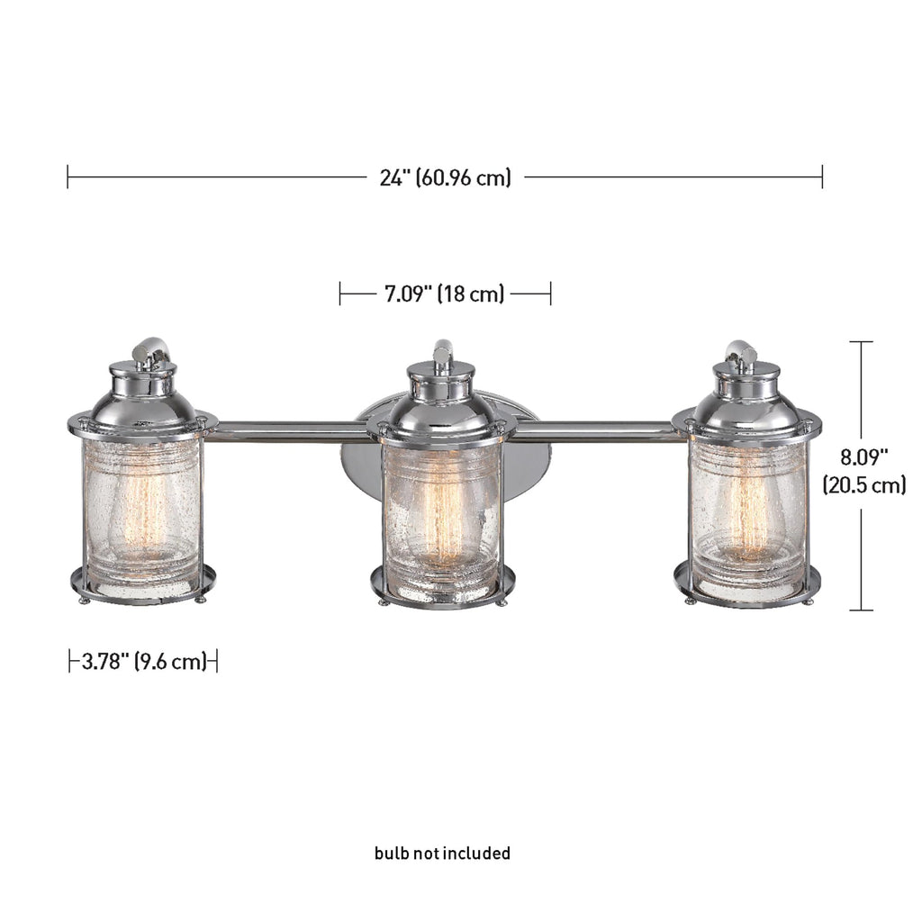 Bayfield 3-Light Vanity Light, Chrome, Ribbed Seeded Glass Shades, Bulb Not Included
