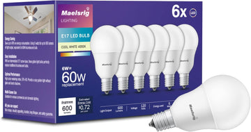 E17 Intermediate Base LED Bulb, 6W (60 Watt Equivalent) G14 Globe Ceiling Fan Light Bulbs, Cool White 4000K, 600