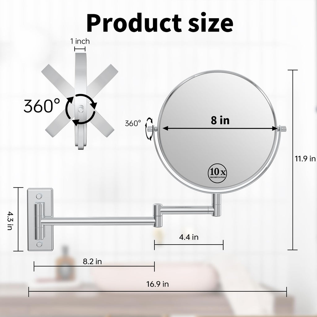 8" Wall Mounted Makeup Mirror with 1X 10X Magnification, Chrome