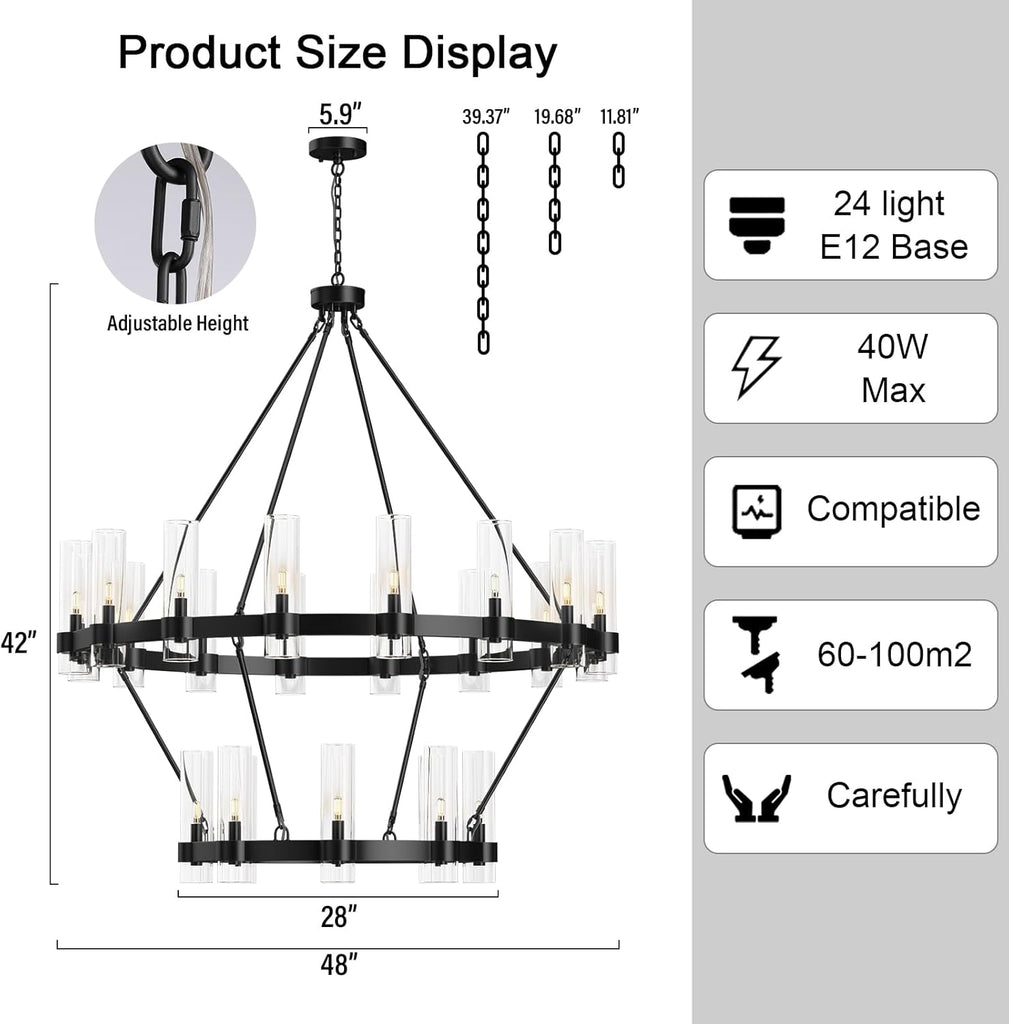 Black Chandelier, 24-Lights Wagon Wheel Chandelier with Glass Shade,48 Inch Large Round Industrial High Ceilings Pendant Lighting Fixture for Dining Room, Living Room, Kitchen Island, Foyer A115-B0D3C5VB5P