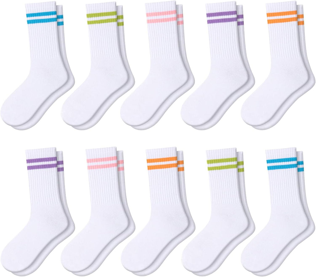 10 Pairs Girls Crew Cotton Socks Athletic Calf Striped Soft Casual Socks For Kids Old