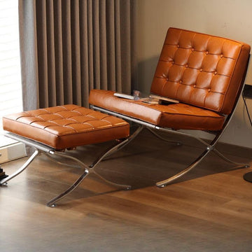 Inspired Barcelona Style Leather Lounge Chair and Ottoman — Brown Oiled Leather, Extended Seat (31.5″L)