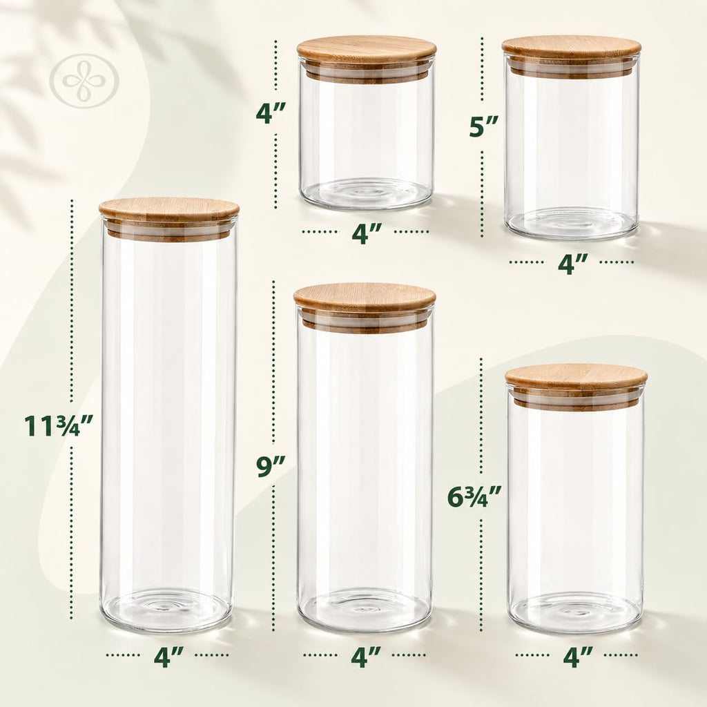 Set of 5 Glass Kitchen Canisters with Airtight Bamboo Lid - Glass Storage Jars for Pantry Organization and Bathroom