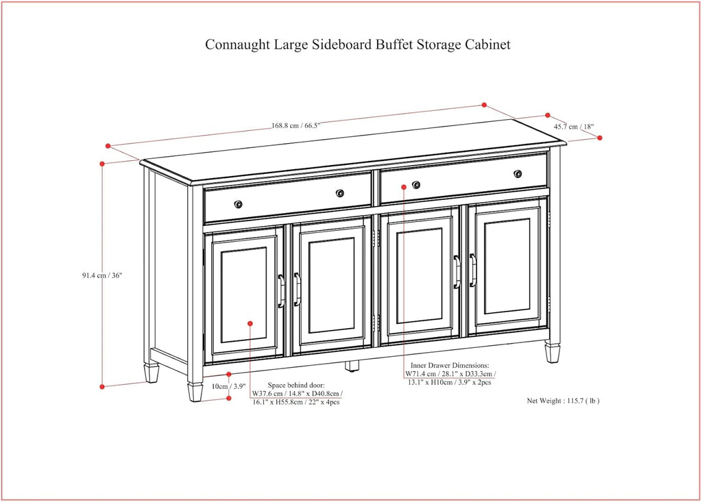 Connaught Buffet - 67 inch Wide Solid Wood 4 Door Sideboard Cabinet in Dark Chestnut Brown